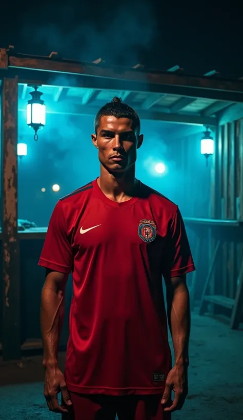 Cristiano Ronaldo, wearing his red football jersey, stands in front of a dimly illuminated, abandoned market stall at night, facing directly toward the viewer. A cool, bluish light from an unseen source softly highlights his face, making his expression cle...