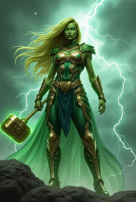 Character Design Prompt: Create an image of Thundra Banner, the powerful  of Thor and She-Hulk. This character is tall and muscular, combining the imposing build of She-Hulk with Thor’s regal bearing. She has long, flowing hair that is a striking mix of gr...