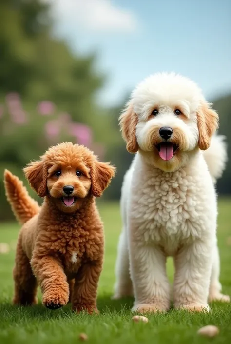 "Create an image featuring an Airedoodle on the left and an Akbash on the right. The Airedoodle is depicted in a vibrant garden, its curly coat bouncing as it plays joyfully, with its friendly demeanor and expressive eyes capturing its playful spirit. On t...