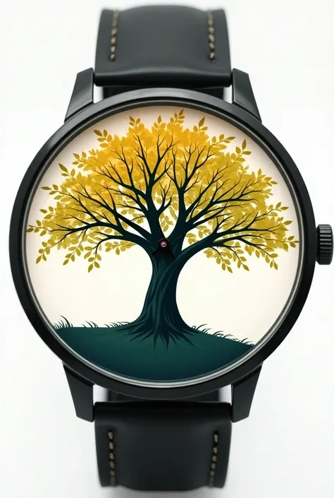 
Rendben, szóban először: "A circular watch face with a minimalist, stylized oak tree in the center. The trees trunk extends upward, with branches spreading out to form a canopy around the watchs numbers. The branches serve as hour markers, pointing toward...