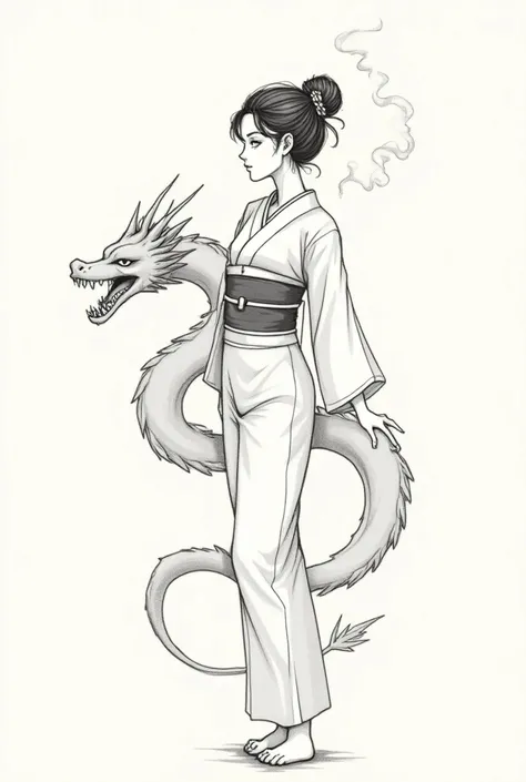  do a little SketchBook , Anime and minimalist .  style a beautiful Japanese woman up to the waist ,  style that has a cute kimono and is looking to the left with a natural pose.  Apart a huge and fierce Japanese dragon wraps around her waist and reaches u...