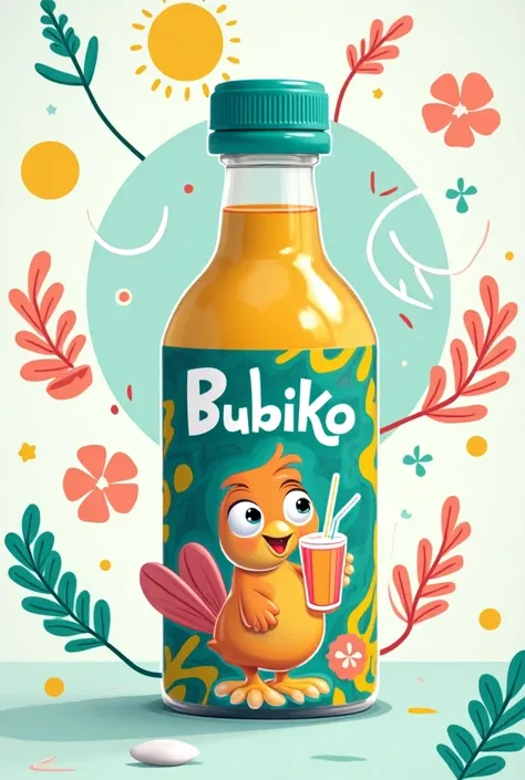  Design a colorful and fresh packaging for an iced drink called Bubiko .  Includes a cheerful bird holding a refreshing drink ,  with a friendly and youthful design .  Use a palette of bright colors , like blue, rosa,  yellow and green ,  that evoke freshn...