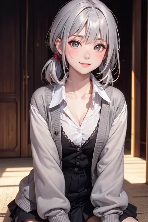 ( Best Quality, Hi-Res,8k,inelity detailed background, Masterpiece:1.2), Beautiful Girl,( glossy romance gray hair:1.3),(long hair:1.2) ,pony tail,Beautiful grey eyes,Big Breasts,autumn,school uniform,black cardigan,skirt,black tights,(zettairyoiki:1.2),Ge...