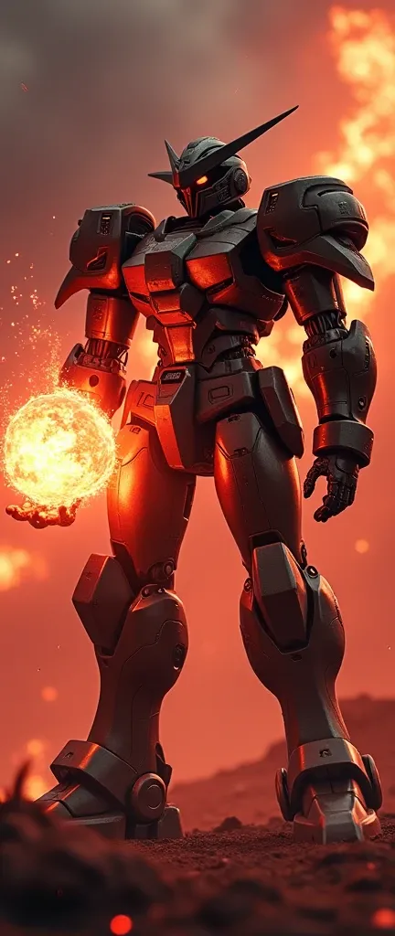 (masterpiece:1.2, Highest quality,Ultra-high resolution,Super detailed),8k,wallpaper,(Armored Core Style), background is a burning flame and a red battlefield:2.0),(Preparing for battle,The electronic components of the armor glow as it stores a huge sphere...