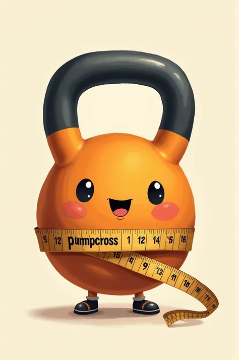 Orange and black kettlebel cartoon with a measuring tape in the center simulating waist, with the word pumbcross on one side  