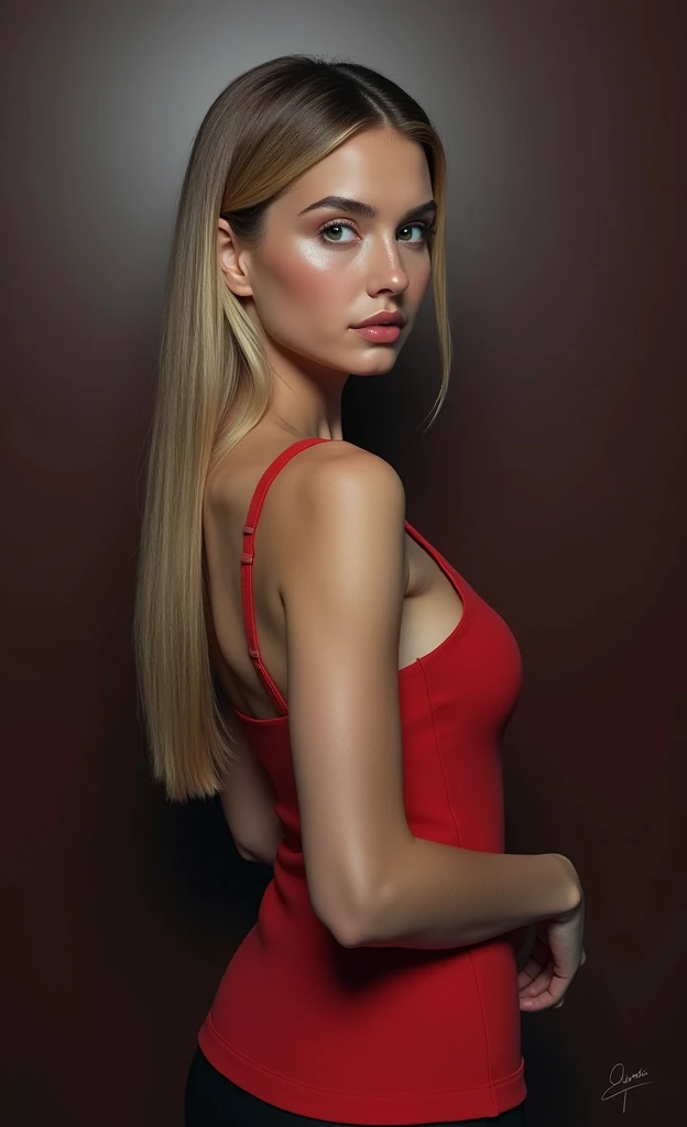 a extremely realistic and detailed photo of pretty swiss girl, tight black skirt, tight blouse with cleavage , perfect makeup, long sleek straight blonde hair with brown roots hair, high quality, photorealistic, elegant, confident, piercing eyes, full lips...