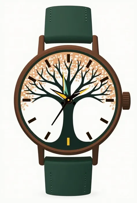 
Rendben, szóban először: "A circular watch face with a minimalist, stylized oak tree in the center. The trees trunk extends upward, with branches spreading out to form a canopy around the watchs numbers. The branches serve as, pointin the hours. The desig...