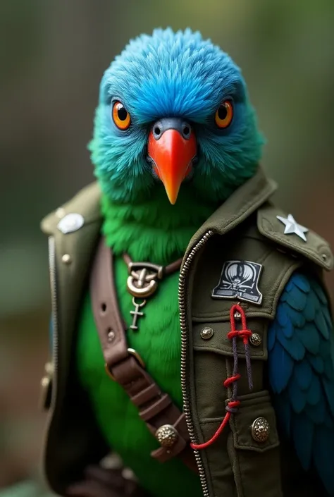 Blue-headed parrot with green body of jente wearing Peruvian military clothing 
About Corona




