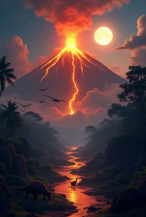 A volcano with lots of dinosaurs at night and the moon should be bright