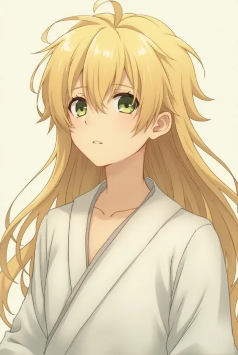 Anime blonde boy and long thick hair, dressed with white robes, green eyes, looking up front.