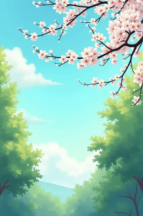 The illustration of Cherry Tree Branches.  The background is composed of leafy trees and a clear blue sky ,  radiating a sense of peace and natural beauty .  The color palette is soft ,  with pastel shades of green and blue that capture the lightness And t...