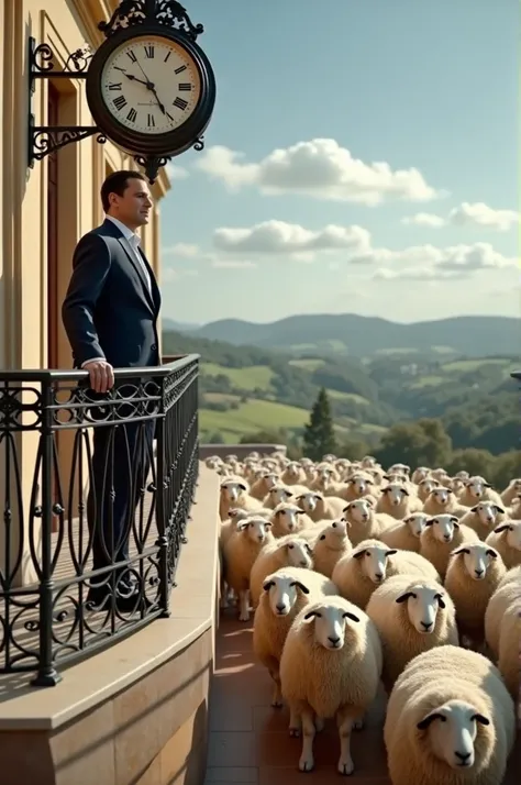 Pedro Sánchez on a balcony . Above it a clock ticking 8 oclock and under the balcony a flock of sheep applauding 