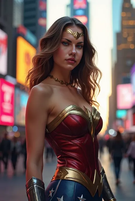 (Brunete ,19-year-old woman at Time Square, NY), golden dark brown wavy hair, blue gray-ish eyes, beautiful detailed eyes,beautiful detailed lips, extremely detailed face,Long eyelashes,Beautiful appearance, wearing a wonder woman suit, like a super hero p...