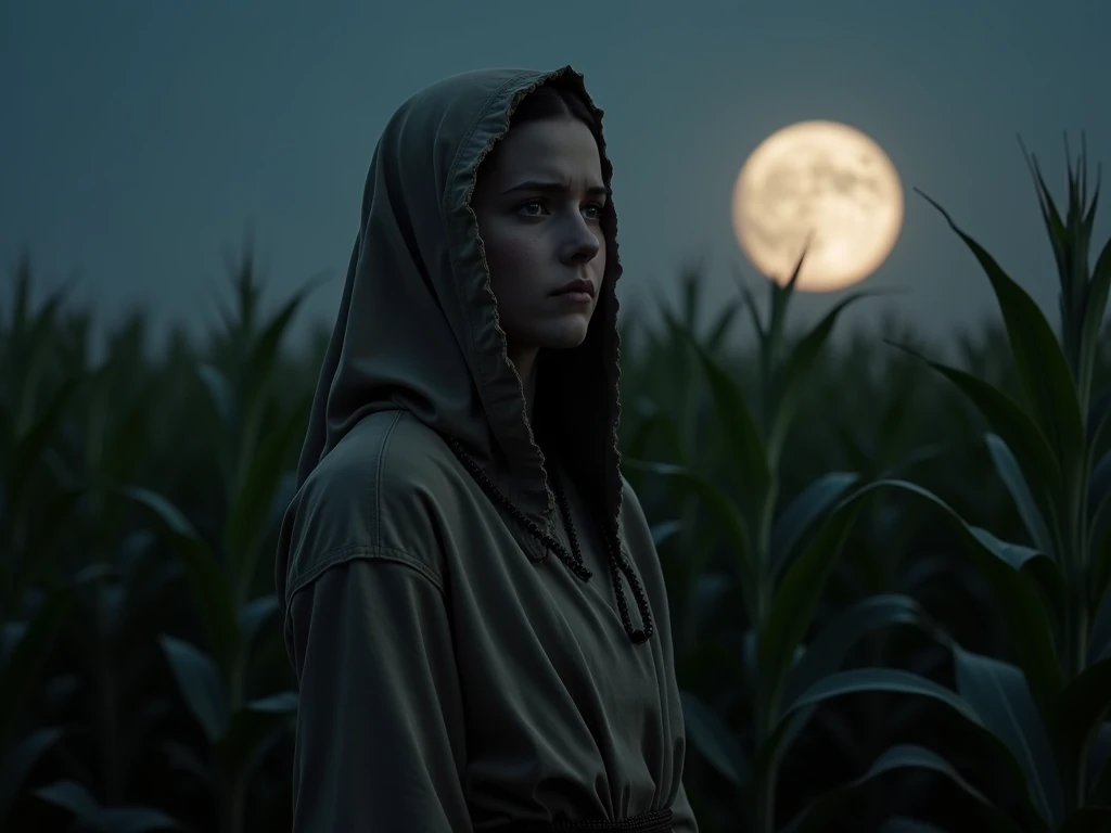 Generate an image of the character Ruth from the Bible ,  in a cornfield dimly illuminated by a dark moon .  Ruth is well framed, appearing only from the waist up ,  she wears a typical tunic of the time with a hood over her head hiding part of her face wi...