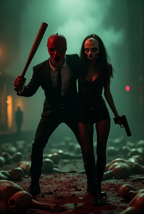 Give me an image of the purge with a man in the purge mask and a bat and next to a woman with the purge mask on her hand and bodies lying on the floor and the woman with a gun in her hand but more animated and more animated 