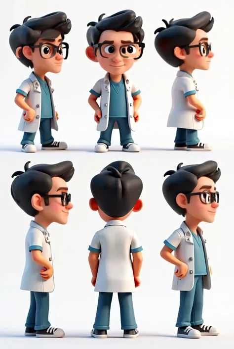 Cartoon character design sheet, multiple poses and sides of the same character: a veterinary man with black glasses and a blue shirt, animation character, Caractere estilizado, animation style rendering, 3D estilizado, Arnold Maya render, 3 d render styliz...