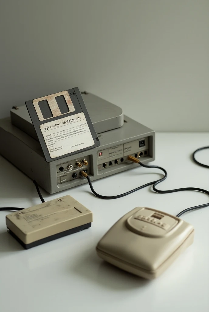 Add a storage diskette ,  dial-up modem and mause from an old computer, These three on a table,
