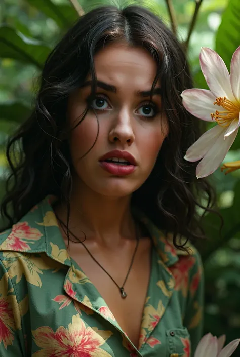 A Brazilian teen girl in a lush tropical garden, wearing an open shirt with a floral print, with a close-up capturing the harmonious beauty between her breasts and the natural flowers, horrified expression. Leaning towards viewer 