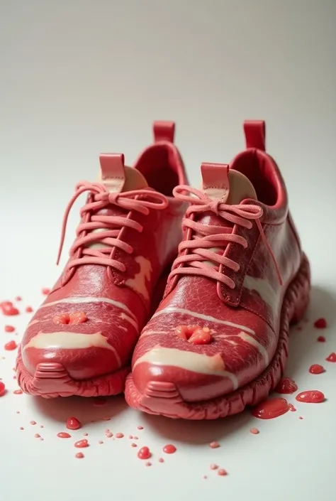 a pair of surreal raw meat shoes made of splashy (raw meat structure) (meat) (raw) (meat with veins and pulp), (lifelike textures),food product photography 