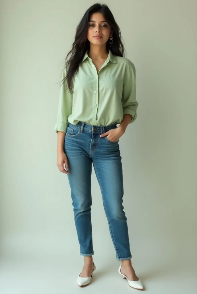 Real image of Indian Bhabhi in round face small nose white high heels light green shirt blue jeans