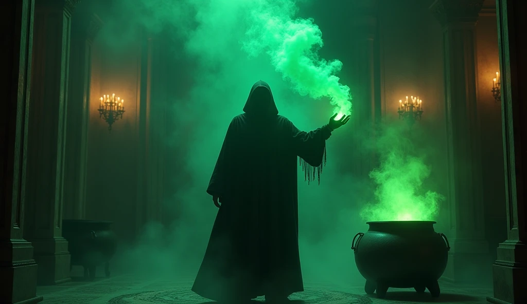 man standing in dark room with green smoke coming out of his hand, cauldron and candles in the room