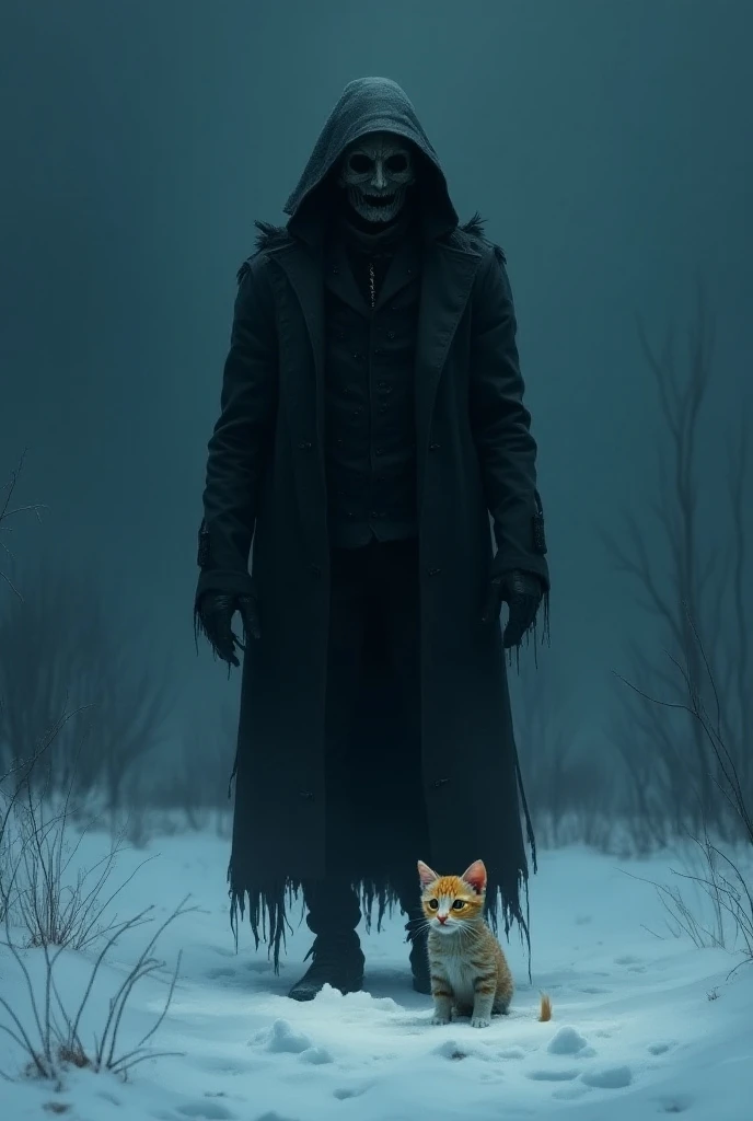 Create an image of a cold winter night where a scarecrow man in a long dark coat meets a very small baby kitten with yellow, white and black Carey fur