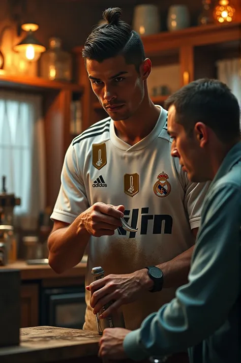 "Generate a hyper-realistic image of Cristiano Ronaldo, wearing his team football jersey, skillfully Milk extracted from cow. The scene should capture fine details like the barber tools in his hands, the expressions on both Ronaldo and the customers faces,...