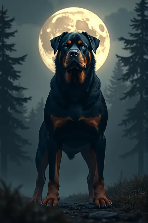 Rotweiler  vertical, intimidante y noble, hiperrealista, en un bosque con las fases de la luna de fondo 