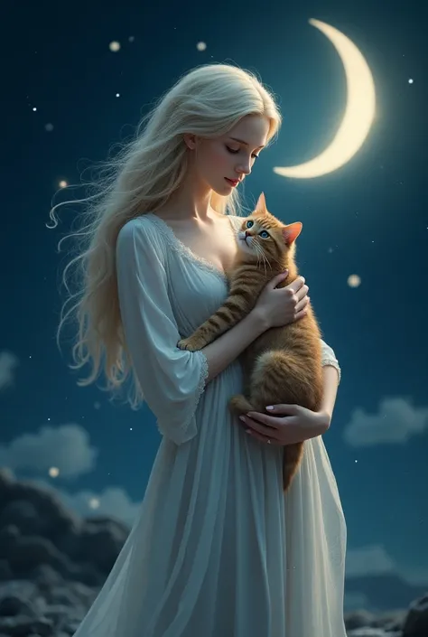 Moon goddess hugging a tabby cat with starry sky and moon