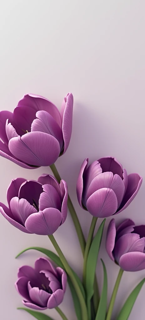 Create a calming digital artwork featuring lush purple tulips in full bloom, set against a soft pastel background. Emphasize the delicate textures and gradients of the petals, incorporating light play that highlights their curves. Consider adding subtle sh...