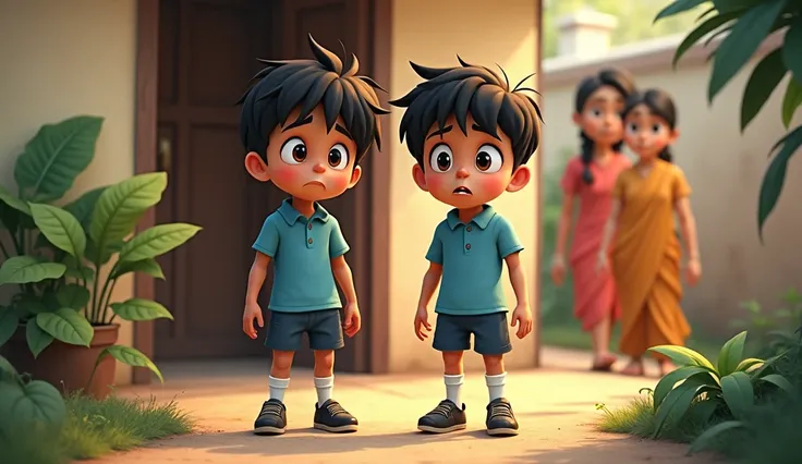 
Aman has tousled black hair, bright eyes, and wears a light blue school shirt with dark blue shorts, white socks, and scuffed black shoes. Ravi has neat brown hair, kind eyes, and wears the same uniform, but with tidier socks and clean shoes, showing his ...