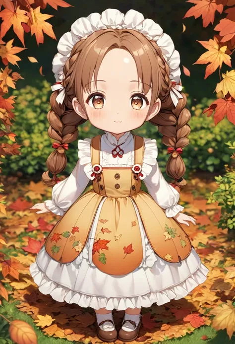 autumn、garden、autumn leaves、 full body shot、、Petite、 dress、(Round face),(Large forehead:1.2),(beautiful big 目:1.3), Extremely Detailed Cute Anime Faces,
 Long Braids ,