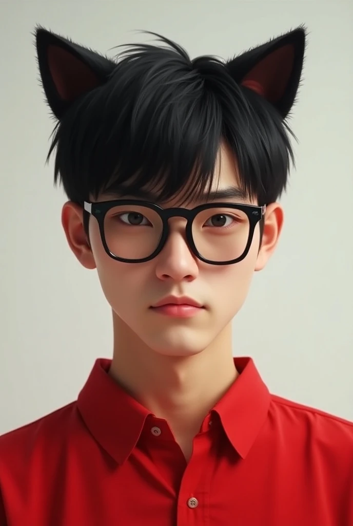 Mens AI style "  black hair shaped like a cats ear" with glasses and red shirt  