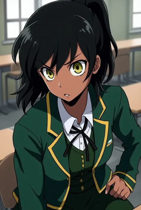 Boku no hero academia comics panel of a female. she has black hair, and yellow eyes, and black skin, she is a hero, she is wearing Ua school uniform. in classroom.