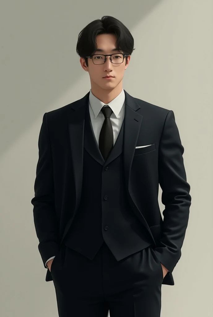 Japanese man, traje elegante, medium black hair, glasses, muscle