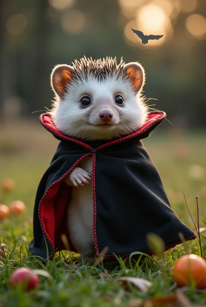 (on a clear, hauntingly beautiful all hallows’ eve, a hedgehog waddles across the grassy glade, dressed as a classical vampire c...