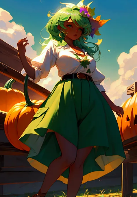 Tanned, Pumpkin head, green leafy hair shorts, white blouse,  dark green jacket, brown belt,  Pumpkin girl , on a farm, Sunny day , hand on waist