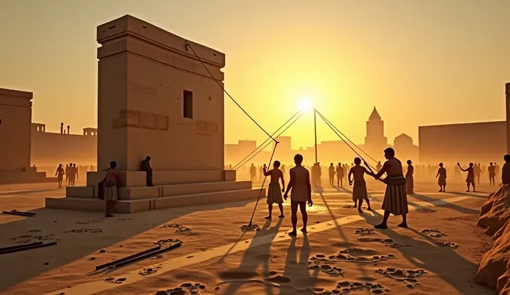 Capture a panoramic scene of ancient Sumer, around 4,500 B.C., at sunset during the golden hour, depicting Sumerian workers lifting a massive stone monument in a bustling public square. The workers, dressed in simple, traditional attire, are visibly engage...