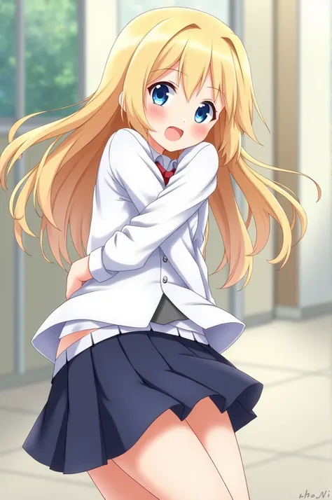 blonde hair,medium hair,hugging own legs,skirt,school uniform,white panties,smiling,blue eyes