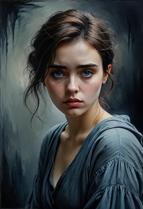 Create a cinematic portrait that represents dysthymia (chronic depressive trait) in the style of a hyper-realistic painting. The subject should have a contemplative, melancholic expression, with deep, soulful eyes that convey a sense of inner struggle and ...