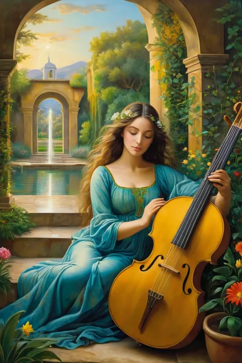 "The Music of the Soul" by Lucrezia Bellini Description, work, done in oil on wood, represents a young woman sitting in a garden with a lute in her hands. Her face illuminated by the golden light of the sunset, reflects deep concentration and serene beauty...