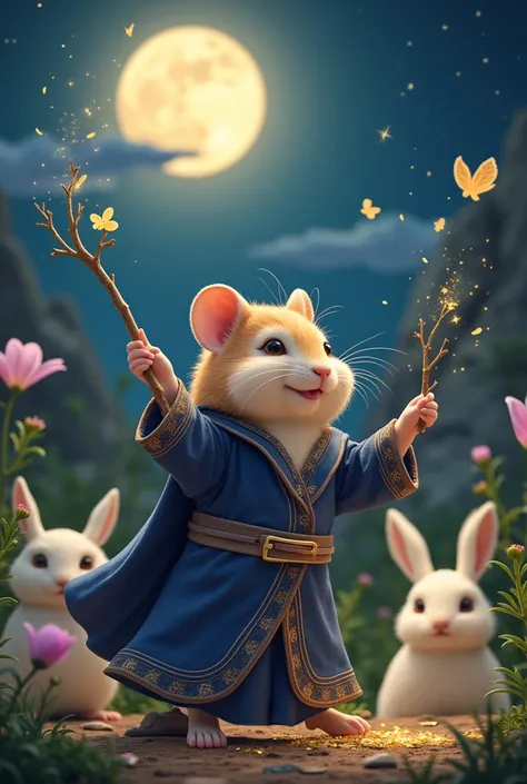 in a moonlit garden where flowers whisper secrets to the stars, the hamster magician performs his miracles by the silvery glow o...