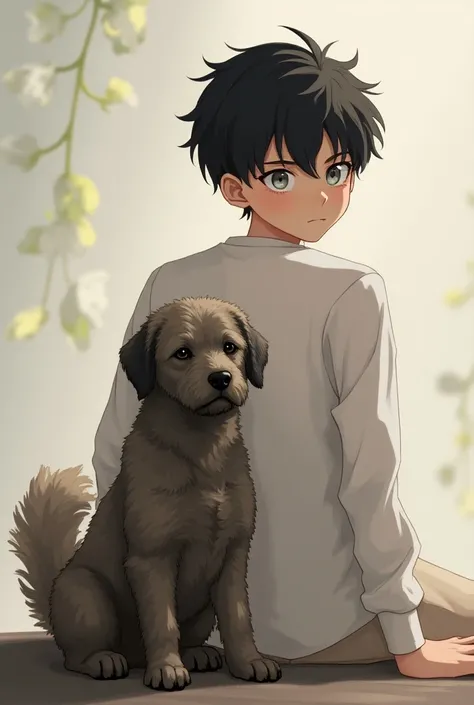 Serious teen boy anime with curly dog with short curled hair