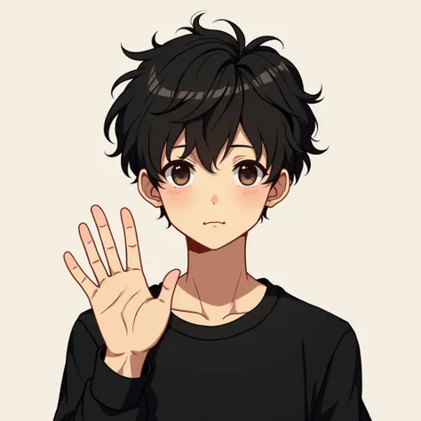 Front wide view, young boy with short curly hair, fair skin, dead eyes, Black shirt. His expression is neutral and he looks directly at the camera. E He greeted her by raising his hand in a beckoning gesture.((manhwa style: 1))