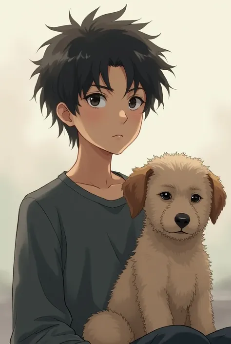 Serious teen boy anime with curly dog with short curled hair