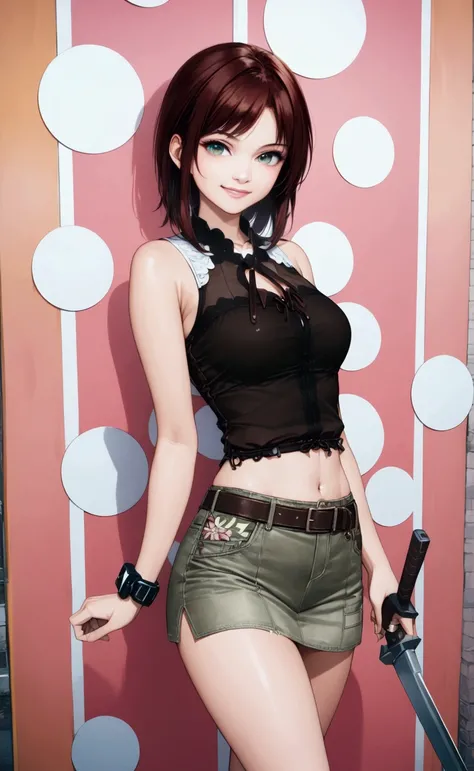 anime illustration of beautiful black hair woman, standing pose in front of the house,  (+forehead, two colored hair, black hair, reddish-brown hair), wears dark-brown sleeveless blouse, light olive-green denim pencil mini skirt, BREAK, (1girl, solo, full ...