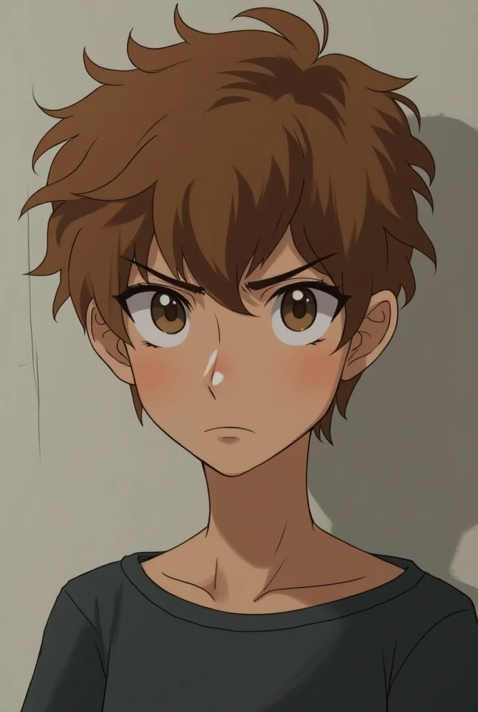 Serious teen boy anime with curly cadello with short hair 