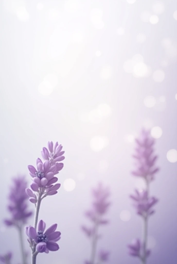 “A soft white-toned background with a dreamy, gentle feel, featuring lavender flowers.  Small, soft bokeh lights appear in the background for an ethereal effect. 