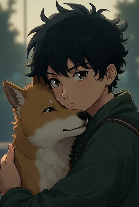 Serious teen boy anime with curly dog with short hair with black hair