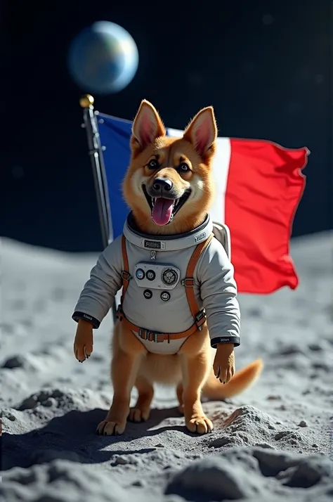  Make a dog on the moon smiling , German shepherd breed ,  wearing an astronaut costume and a large French flag 